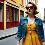 **Image of a woman stylishly mixing vintage and modern clothing. She's wearing a modern dress with a vintage denim jacket and cat-eye sunglasses. The color palette is muted and retro, featuring colors like mustard yellow and deep red. The background should evoke a bustling city street.**