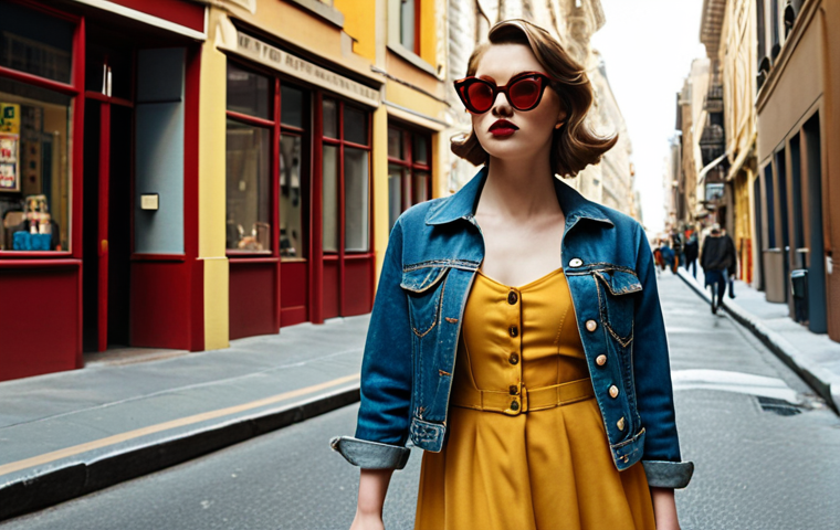 **Image of a woman stylishly mixing vintage and modern clothing. She's wearing a modern dress with a vintage denim jacket and cat-eye sunglasses. The color palette is muted and retro, featuring colors like mustard yellow and deep red. The background should evoke a bustling city street.**