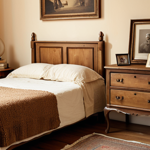 **

A bedroom scene featuring beige walls, aged wooden furniture, and warm lighting. Include vintage books, a small vase with flowers, and a comfortable-looking armchair. Focus on creating a cozy, nostalgic atmosphere.

**