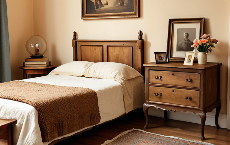 **

A bedroom scene featuring beige walls, aged wooden furniture, and warm lighting. Include vintage books, a small vase with flowers, and a comfortable-looking armchair. Focus on creating a cozy, nostalgic atmosphere.

**