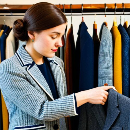 A professional fashion expert in modest business casual attire, carefully examining the exquisite texture and intricate stitching of a vintage wool blazer. The scene is set inside a brightly lit, tastefully organized vintage clothing boutique, with other curated historical garments subtly displayed in the background. The focus is on attention to detail, quality craftsmanship, and the unique appeal of genuine vintage. fully clothed, modest clothing, appropriate attire, safe for work, appropriate content, perfect anatomy, correct proportions, natural pose, well-formed hands, proper finger count, natural body proportions, professional photography, high quality.