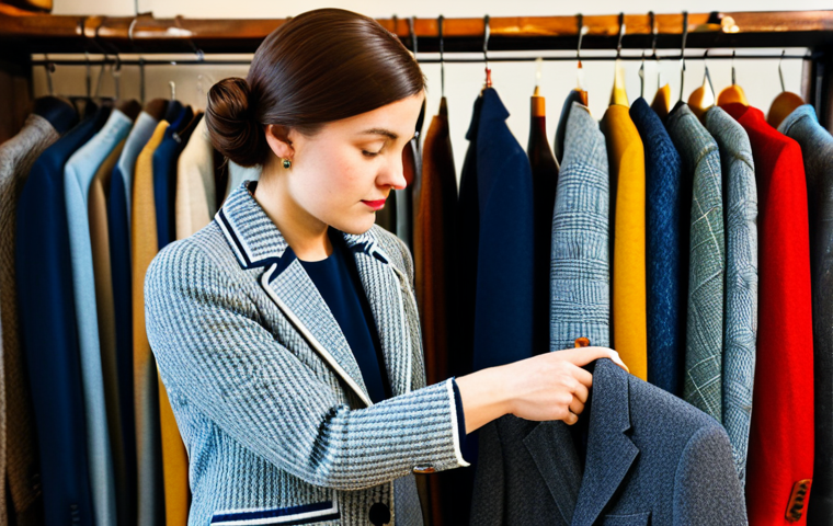 A professional fashion expert in modest business casual attire, carefully examining the exquisite texture and intricate stitching of a vintage wool blazer. The scene is set inside a brightly lit, tastefully organized vintage clothing boutique, with other curated historical garments subtly displayed in the background. The focus is on attention to detail, quality craftsmanship, and the unique appeal of genuine vintage. fully clothed, modest clothing, appropriate attire, safe for work, appropriate content, perfect anatomy, correct proportions, natural pose, well-formed hands, proper finger count, natural body proportions, professional photography, high quality.