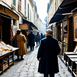 A young adult, fully clothed in a modest, casual outfit, stands within a narrow, winding alley of a bustling European flea market. Sunlight filters through the overhead awnings, illuminating countless stalls filled with eclectic vintage items. The subject is intently focused on an unassuming shop specializing in antique posters. They are examining a prominent 1920s French film poster, which depicts figures in authentic period attire. An elderly, kind-faced shop owner, dressed in appropriate attire, is warmly engaging with the subject, gesturing towards the posters. The scene emphasizes discovery and human connection, with soft, natural lighting. Professional photography, high detail, perfect anatomy, correct proportions, natural pose, well-formed hands, proper finger count, natural body proportions. Safe for work, appropriate content, fully clothed, professional.