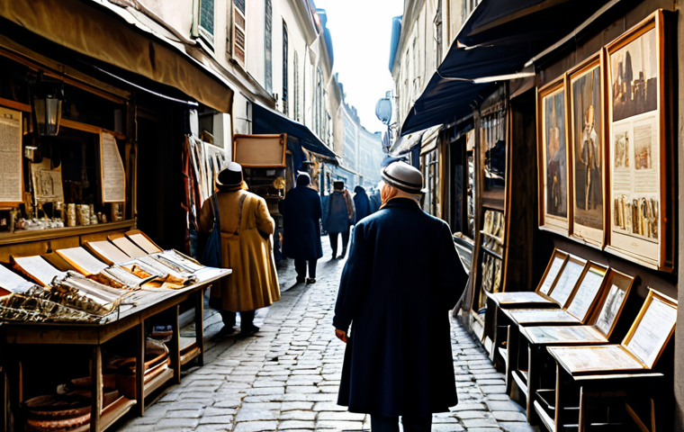 A young adult, fully clothed in a modest, casual outfit, stands within a narrow, winding alley of a bustling European flea market. Sunlight filters through the overhead awnings, illuminating countless stalls filled with eclectic vintage items. The subject is intently focused on an unassuming shop specializing in antique posters. They are examining a prominent 1920s French film poster, which depicts figures in authentic period attire. An elderly, kind-faced shop owner, dressed in appropriate attire, is warmly engaging with the subject, gesturing towards the posters. The scene emphasizes discovery and human connection, with soft, natural lighting. Professional photography, high detail, perfect anatomy, correct proportions, natural pose, well-formed hands, proper finger count, natural body proportions. Safe for work, appropriate content, fully clothed, professional.