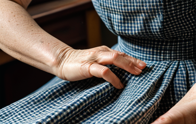 Vintage Dress Close-Up**

"Close-up of a fully clothed woman examining the fabric of a vintage dress, safe for work, appropriate content, modest clothing, professional setting, perfect anatomy, natural proportions, detailed stitching, soft natural lighting, showcasing the texture and pattern of the old fabric, well-formed hands, proper finger count, family-friendly."

**
