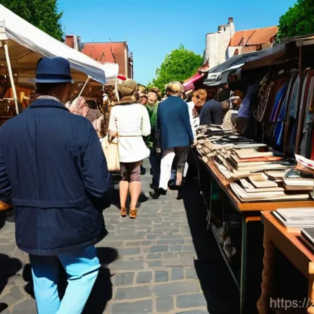 국내 빈티지 플리마켓 일정 - **Prompt:** A bustling and vibrant European-style outdoor flea market on a bright, sunny day. The sc...