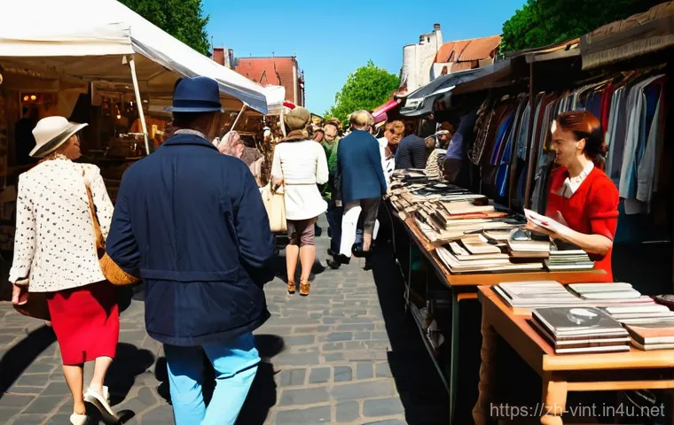 국내 빈티지 플리마켓 일정 - **Prompt:** A bustling and vibrant European-style outdoor flea market on a bright, sunny day. The sc...