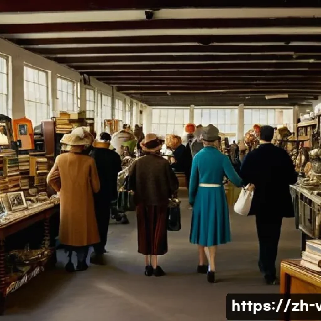 빈티지 아이템 투자 가치 - **Prompt:** A vibrant, bustling indoor flea market scene, filled with diverse people of various ages...