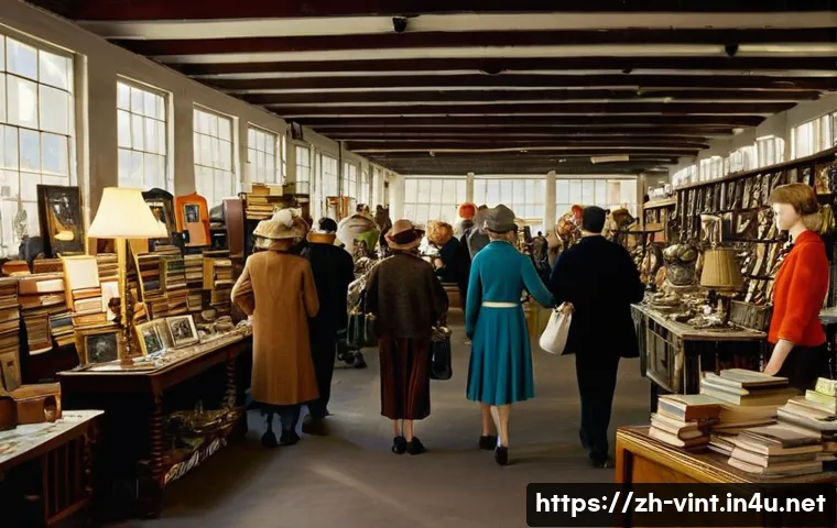 빈티지 아이템 투자 가치 - **Prompt:** A vibrant, bustling indoor flea market scene, filled with diverse people of various ages...