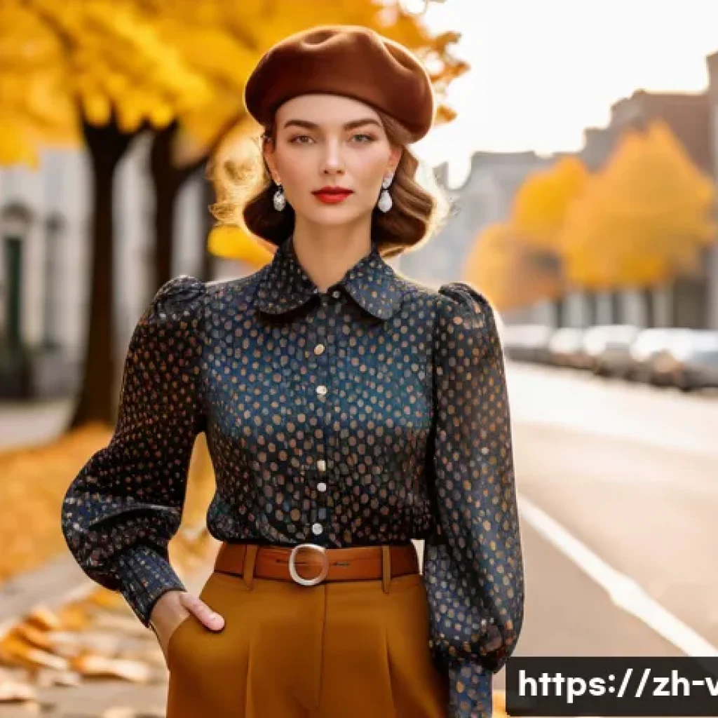 레트로 패션 트렌드 - A stylish young woman wearing high-waisted caramel-colored trousers paired with a cropped vintage fl...