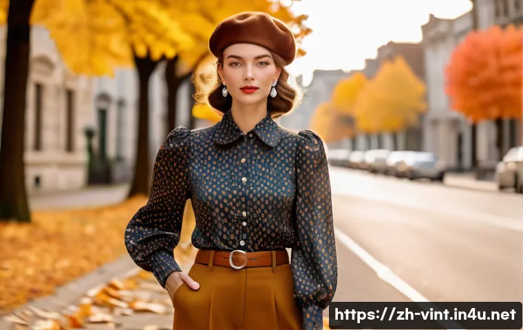 레트로 패션 트렌드 - A stylish young woman wearing high-waisted caramel-colored trousers paired with a cropped vintage fl...