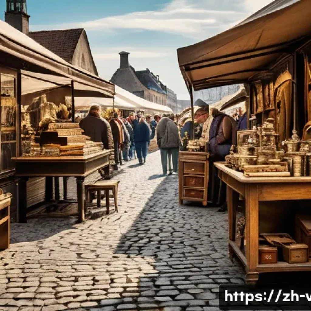 유럽 빈티지 시장 투어 후기 - A vibrant European vintage flea market scene under soft natural daylight, featuring diverse stalls f...