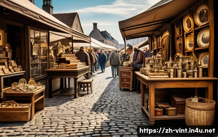 유럽 빈티지 시장 투어 후기 - A vibrant European vintage flea market scene under soft natural daylight, featuring diverse stalls f...