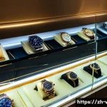 중고 명품 시계 투자 전략 - A luxurious second-hand wristwatch showroom scene in a modern Asian city setting, featuring high-end...