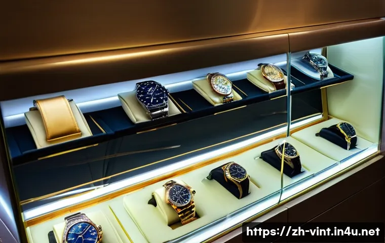 중고 명품 시계 투자 전략 - A luxurious second-hand wristwatch showroom scene in a modern Asian city setting, featuring high-end...