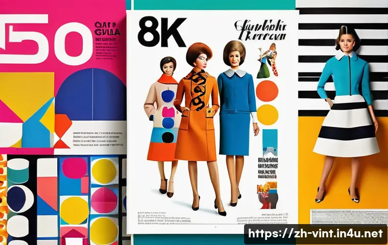 빈티지 패션 잡지 컬렉션 - A vibrant 1960s vintage fashion magazine cover featuring bold geometric patterns and bright colors, ...
