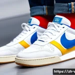 빈티지 신발 브랜드 추천 - A stylish close-up of a pair of retro sneakers inspired by the 1980s and 1990s, featuring classic si...