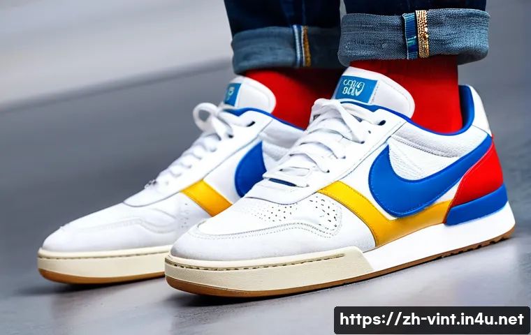 빈티지 신발 브랜드 추천 - A stylish close-up of a pair of retro sneakers inspired by the 1980s and 1990s, featuring classic si...