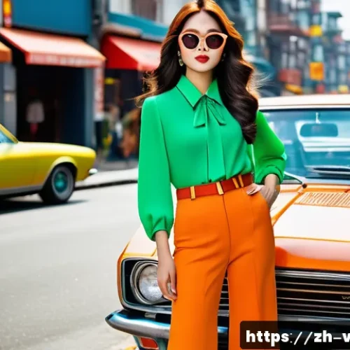 레트로와 빈티지 차이점 - A confident young woman wearing a bold 1970s retro outfit with bright orange bell-bottom pants and a...
