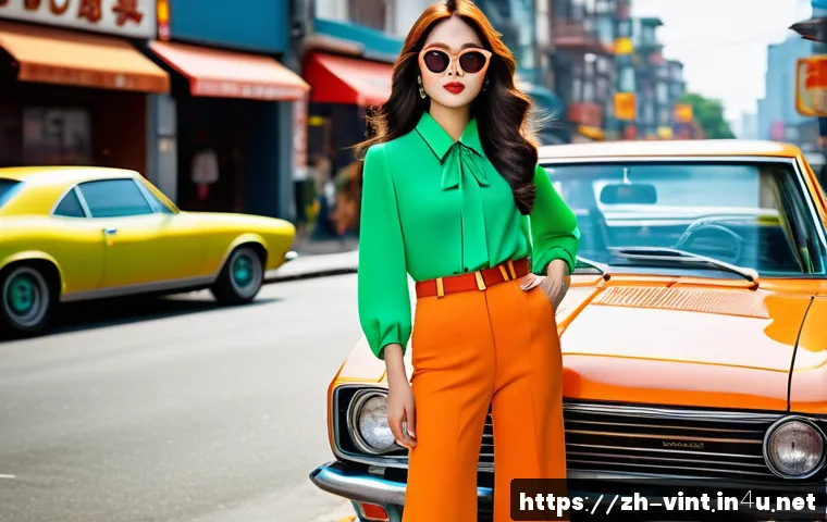 레트로와 빈티지 차이점 - A confident young woman wearing a bold 1970s retro outfit with bright orange bell-bottom pants and a...