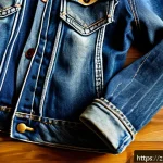 플리마켓에서 빈티지 쇼핑하는 법 - A close-up shot of a vintage denim jacket laid on a rustic wooden table, highlighting the natural co...