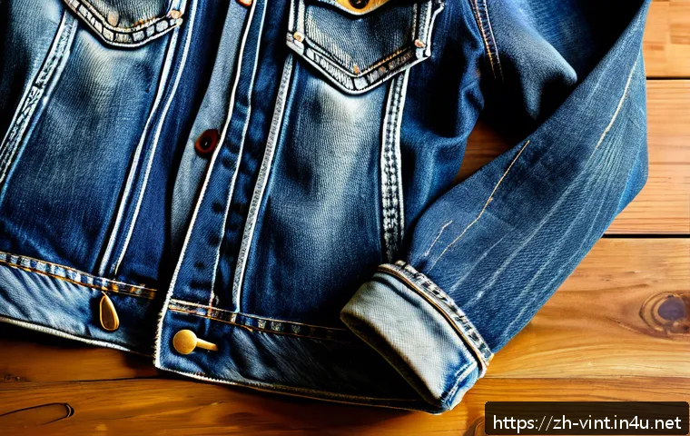 플리마켓에서 빈티지 쇼핑하는 법 - A close-up shot of a vintage denim jacket laid on a rustic wooden table, highlighting the natural co...
