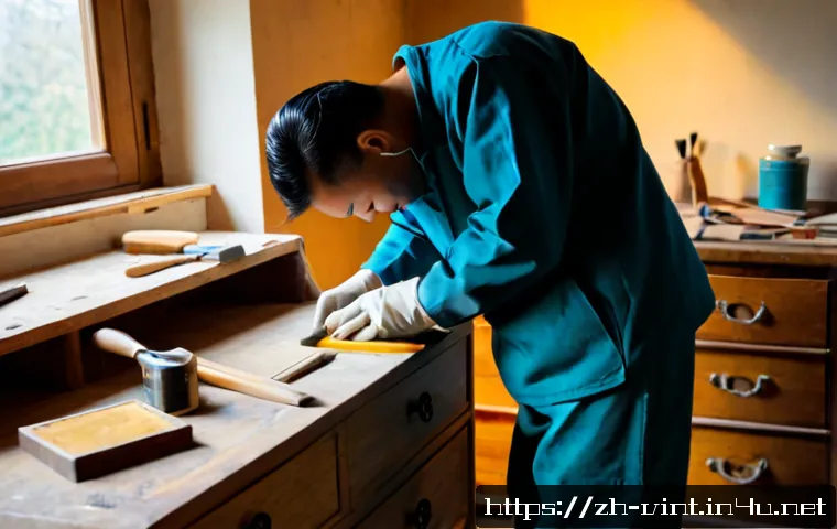 빈티지 가구 DIY 리폼 - Photorealistic DIY vintage furniture restoration in a bright, tidy home workshop, an adult wearing w...
